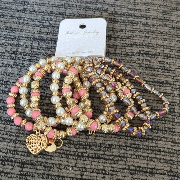 Bead And Pearl Stretch Charm Bracelet Heart Key Lock Love Angel Wing - Picture 4 of 7